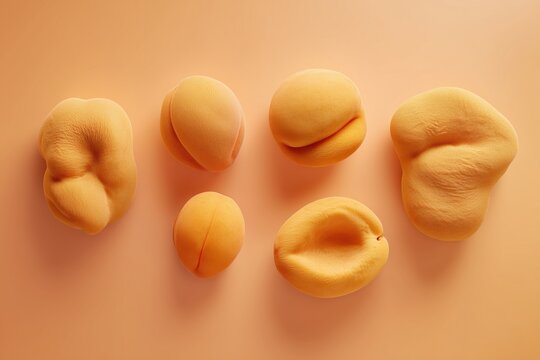 Ultra realistic apricots, 5-7 whole fruits, velvety natural skin, top-down flat lay, wide composition with space for text, solid monochrome soft apricot-orange background