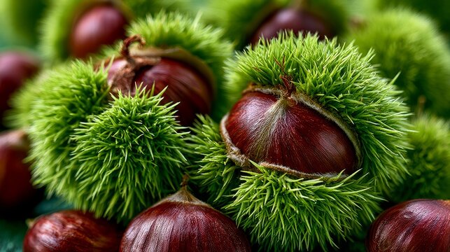 Fresh Chestnuts with Spiky Green Autumn Husks