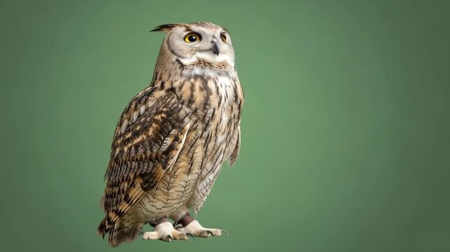 A majestic eurasian eagle owl standing alert against a solid green backdrop