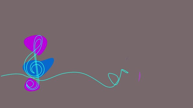 Continuous line art animation of a musical treble clef and a violin with colorful shapes.