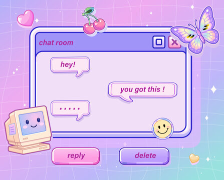 Y2K Retro Chat Room Interface with Cute Computer, Speech Bubbles, Smile Icon, Cherry and Butterfly
