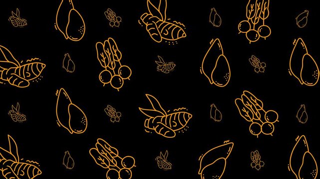 Doodle vegetable pattern with artistic ginger roots and radish clusters on black, perfect for food packaging or kitchen decor.