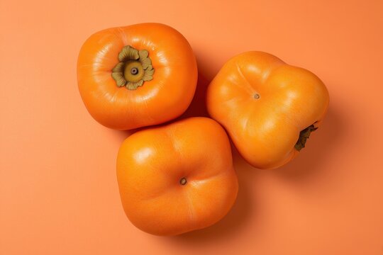 Ultra realistic persimmon korolek variety, 3-5 whole fruits, deep orange-brown glossy skin, top-down flat lay, wide editorial composition