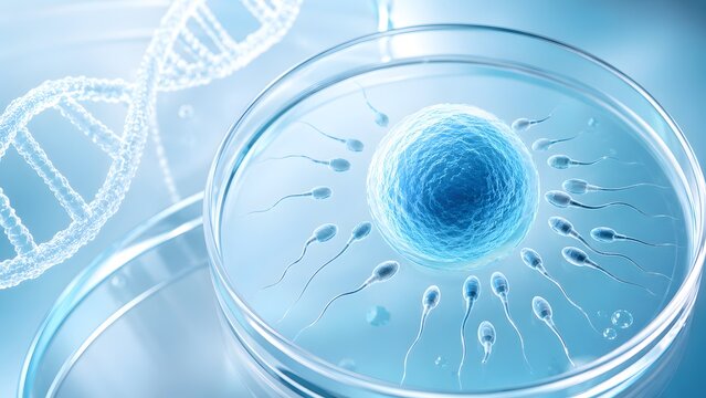 Microscopic blue sperm cells swimming towards a glowing egg cell in a petri dish. Concept of advanced in vitro fertilization, human reproduction science, and clinical embryology.