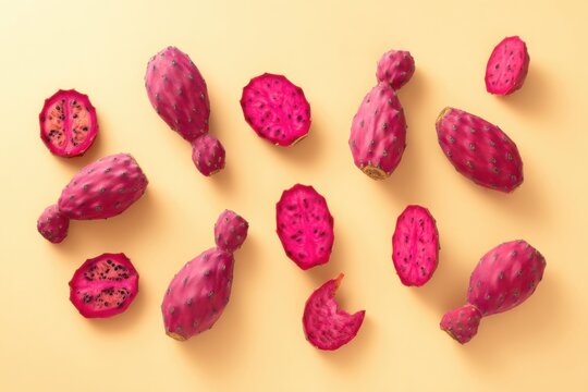 Ultra realistic prickly pear (opuntia), whole fruits and sliced halves, seeded juicy flesh, editorial asymmetrical composition with space for text