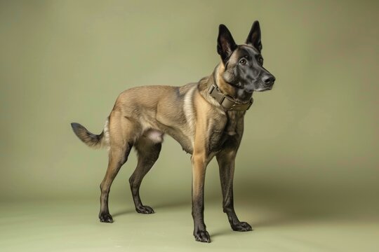 Ultra realistic studio photo of farm guard dog, full body, standing alert, isolated on soft warm green studio background, realistic proportions