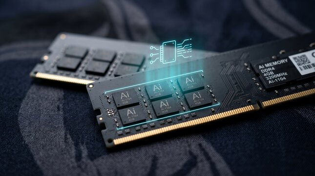 Close up view of computer RAM memory modules featuring artificial intelligence microchips glowing with a vibrant cyan digital interface effect overlaying the circuit board components