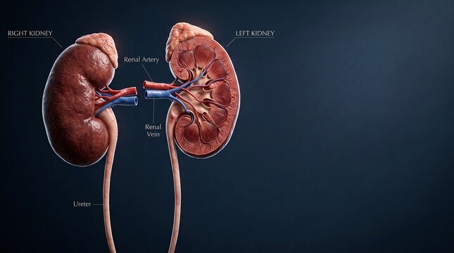 Labeled 3D Medical Illustration of Human Kidneys Showing Internal Renal Cortex Medulla Artery Vein and Ureter
