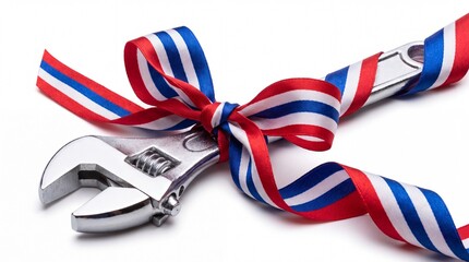 Fototapeta premium Adjustable metal wrench wrapped in a festive red white and blue ribbon.