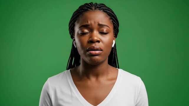 A young african american woman wearing earbuds looking sad and disappointed