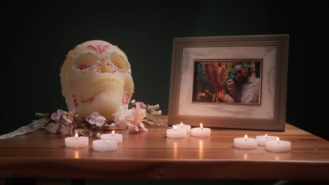 Mexican Day of the Dead Ofrenda with Sugar Skull Candles and Photo for Remembrance.