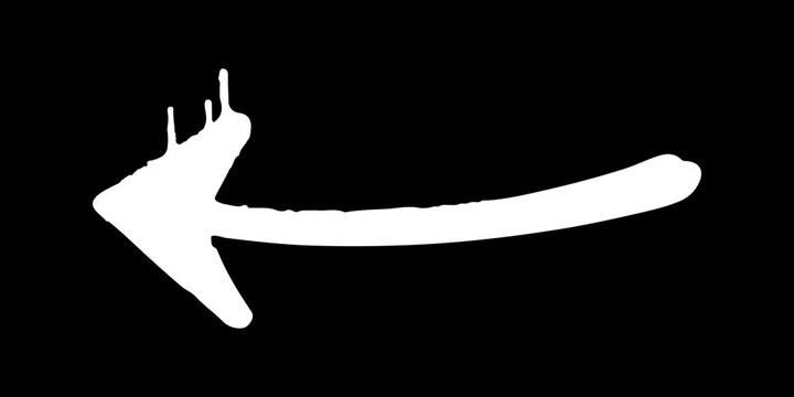 White spray paint graffiti arrow pointing left on black background with graffiti direction isolated abstract streetwear creative minimalist illustration decorative contrast