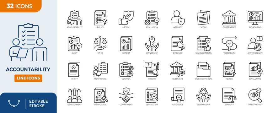 Accountability line editable icon set. Containing responsibility, integrity, liability, transparency, compliance, ethics, ownership. and more. Vector illustration