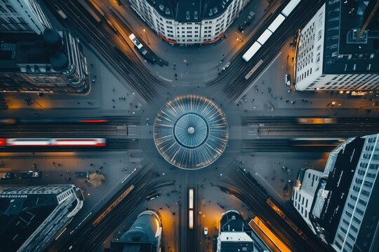 Aerial top view of a city intersection with a round center, moving traffic, and tall buildings at dusk, showing urban life, speed, and light trails
