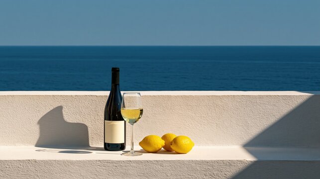 Background of relaxing seaside terrace with white wine bottle, glass and lemons overlooking blue ocean
