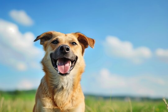 Happy dog smiling in a sunny field with blue sky and clouds
