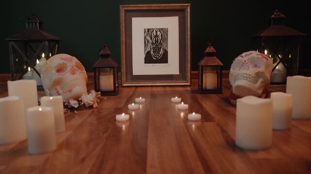 Mexican Day of the Dead Altar with Sugar Skulls Candles and Traditional Elements