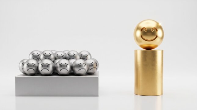Gold sphere with happy face standing on pedestal against group of sad silver spheres