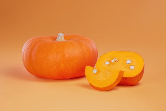 Orange pumpkin and sliced pumpkin on a plain orange background, simple still life with copy space and a clean autumn food theme