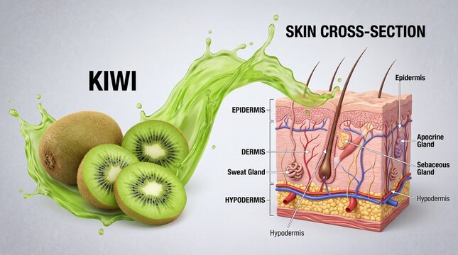 Kiwi Fruit and Human Skin Anatomy Infographic, Vitamin C Benefits for Skin Health and Collagen Production
