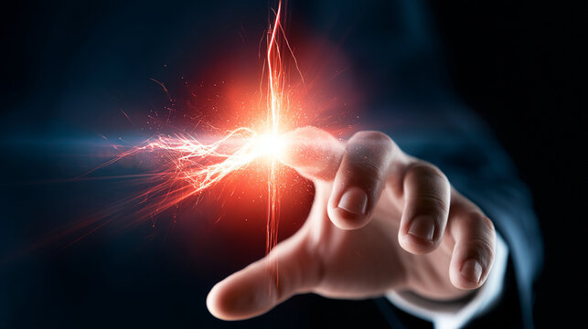 Close up of finger touching bright laser beam of light
