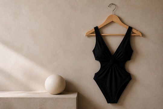 Black cutout monokini on wooden hanger with ceramic sphere, minimalist swimwear fashion concept