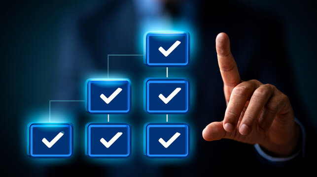 Businessman touching glowing blue checkmark icons representing organizational project hierarchy tasks
