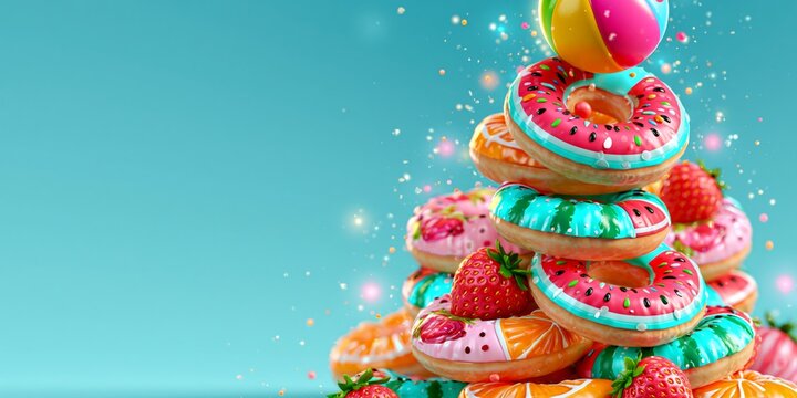 A vibrant stack of colorful fruit donuts with strawberries and a beach ball on top against a blue background.