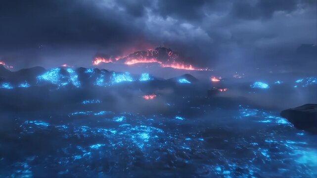 Futuristic Armored Convoy Crossing Glowing Toxic Terrain Under Stormy Sky with Fiery Explosions Featuring Sci-Fi Military Vehicles, Animated Motion