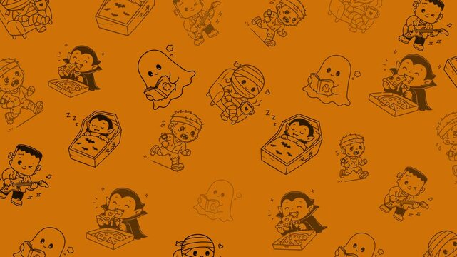 Cute Halloween monsters in daily life: vampire eating pizza, mummy sleeping, ghost reading, Frankenstein playing guitar. Seamless loop, orange monochrome.