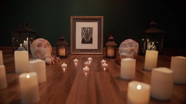 Day of the Dead Altar Sugar Skulls Candles Lanterns Mexican Dia de los Muertos Tradition Artful Cele