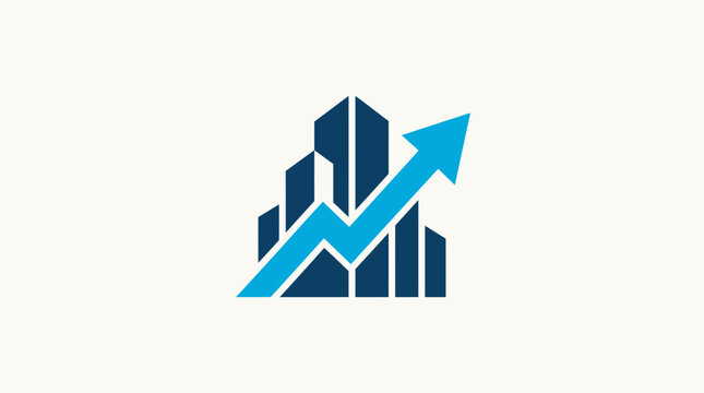 Modern blue business growth icon featuring urban skyscrapers and a rising arrow symbol for economic success