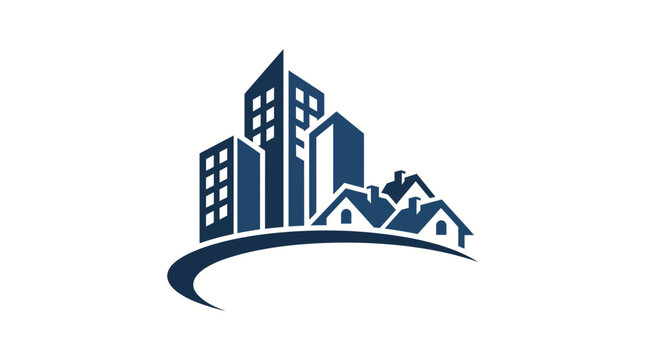 Sleek vector design combining modern city skyscrapers with traditional suburban houses, representing urban and residential real estate development and growth in a cohesive graphic