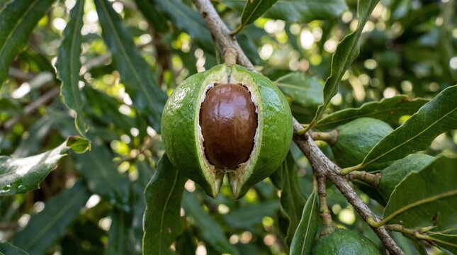 Close-up of a ripe macadamia nut on a tree branch with green leaves.