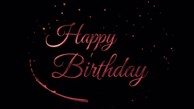 Elegant red liquid splash animation forming Happy Birthday text on a black background with alpha channel for transparent overlay in celebratory greeting videos and motion graphics