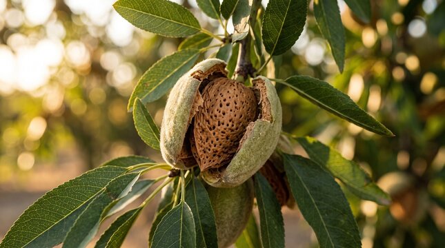 Close-up of a ripe almond fruit splitting open on a tree branch, revealing the nut inside, bathed in warm sunlight.