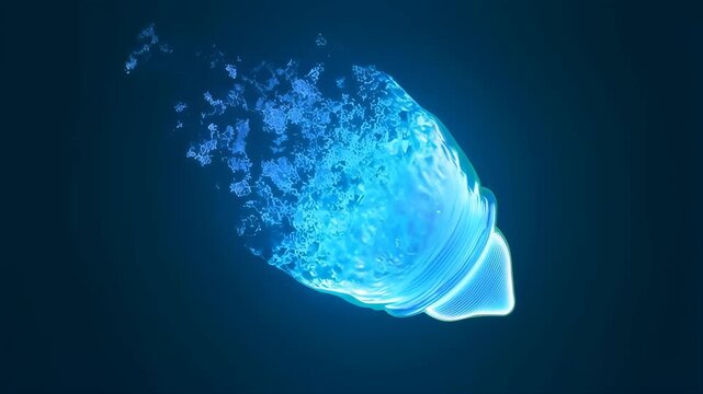 Glowing Blue Capsule Dissolving Into Fluid Particles in a Dark Background Featuring Biotech Animation, Futuristic Design, Motion Graphics