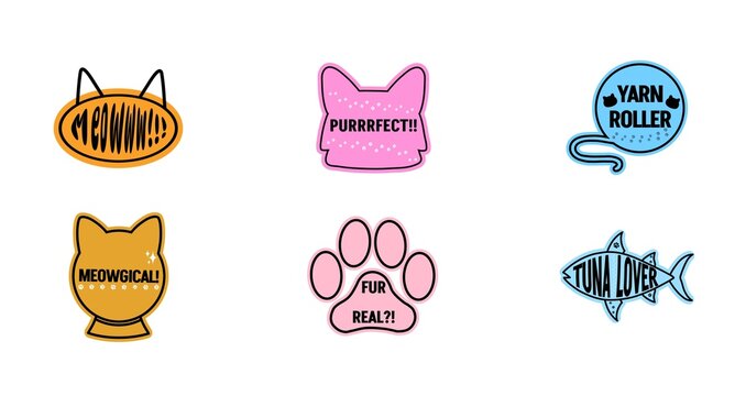 Six Funny Cat Stickers with Playful Pawsome Wordplay. Cat Day Stickers.