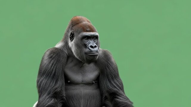 A portrait of a silverback gorilla against a solid green studio background