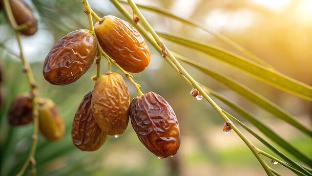 Extreme macro close up of ripe date fruits hanging on a palm tree branch in sunlight.
