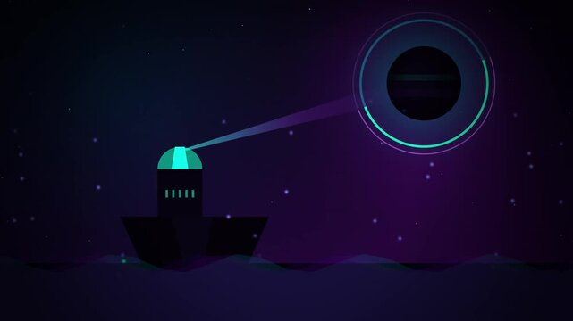 Futuristic digital art of a neon lighthouse emitting a beam of light towards a mysterious glowing cosmic portal in a starry dark night sky