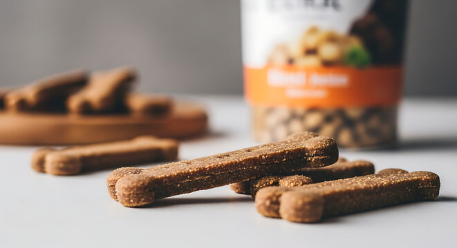 Healthy brown dog biscuits arranged on white surface with board packaging background