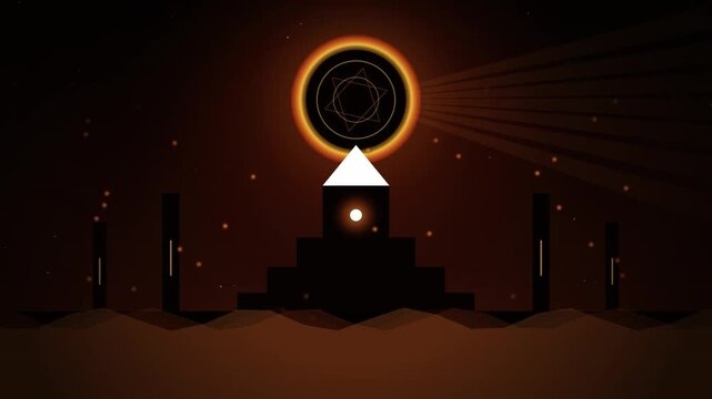 Abstract ziggurat with glowing ring in dark desert, minimalist motion graphics and mystical orange lighting rendering