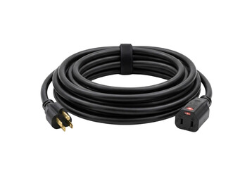 Fototapeta premium Heavy-duty coiled black electrical extension cord with a three-prong lighted female connector plug for outdoor power equipment.