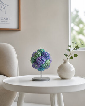 Faceted geometric sculpture and ceramic vase on white table, scientific art concept