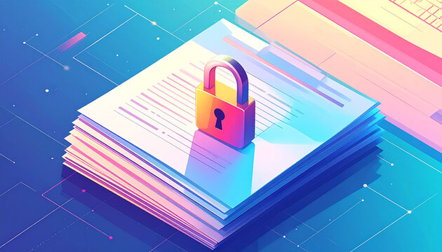 Secure document lock on a stack of digital papers representing data protection and cybersecurity concept