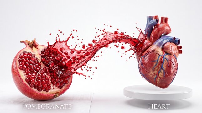 Pomegranate Juice Splashing on Heart | Healthy Antioxidant Drink Concept | 3D Realistic Red Fruit Juice Illustration