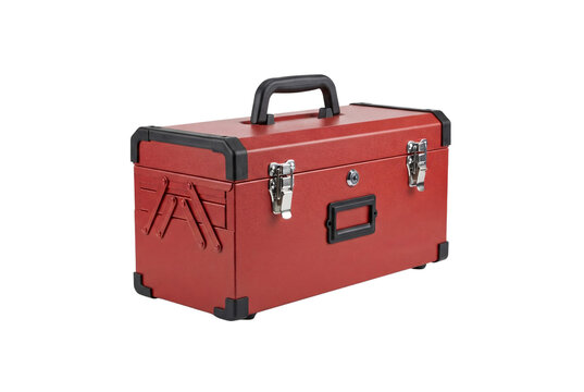 Red metal cantilever toolbox with secure chrome latches, a sturdy carrying handle, reinforced corner guards, and keyhole lock.