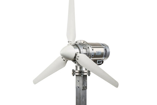 Renewable energy wind turbine generator with three aerodynamic white blades precision metal housing assembly for sustainable clean power generation system.