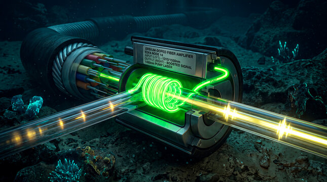 Erbium doped fiber optic cable amplifies optical data signals in a marine environment